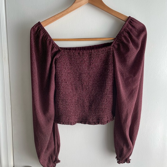 Abercrombie & Fitch Smocked Back Fitted Top with Balloon Sleeves XS Burgundy - Picture 6 of 12